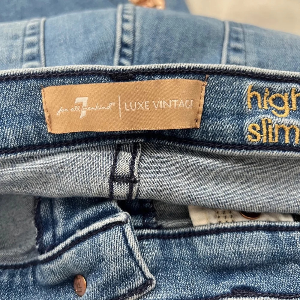7 For All Mankind Luxe Vintage High Waist Slim Kick Sequined Jeans, Blue Size 31 - Picture 8 of 11